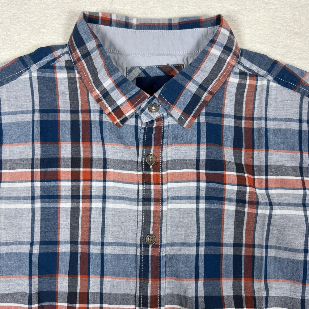 Prana Shirt Mens Small Plaid Short Sleeve Blue Orange Organic‎ Cotton Casual
